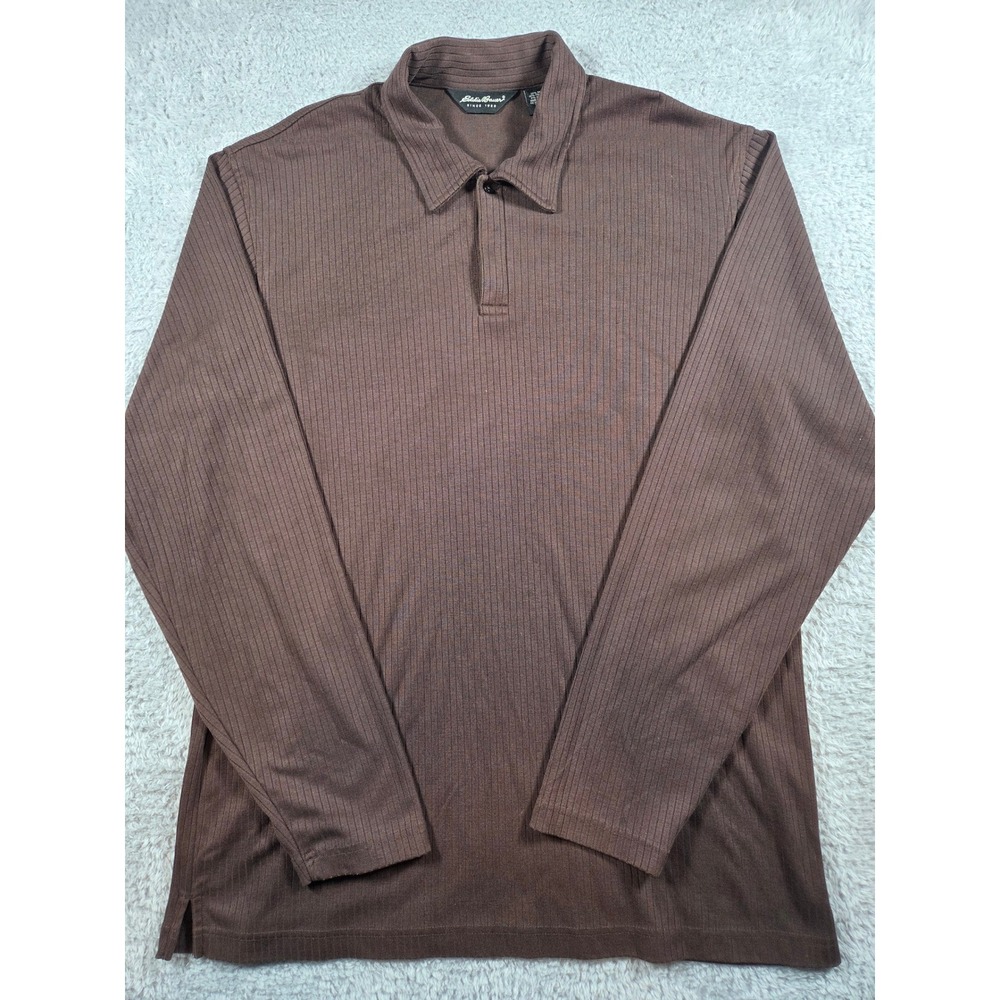 Eddie Bauer Polo Shirt Large Tall Brown Mens Ribbed Long Sleeve Casual